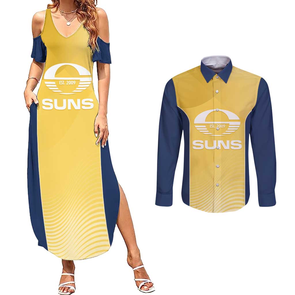 Suns Football Custom Couples Matching Summer Maxi Dress and Long Sleeve Button Shirt Gold Coast Est 2009 Sunburnt Gold - Aussie Hoodie