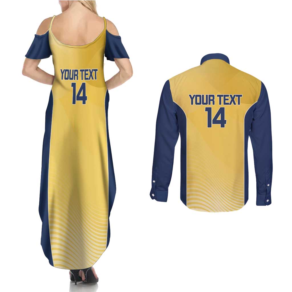 Suns Football Custom Couples Matching Summer Maxi Dress and Long Sleeve Button Shirt Gold Coast Est 2009 Sunburnt Gold - Aussie Hoodie