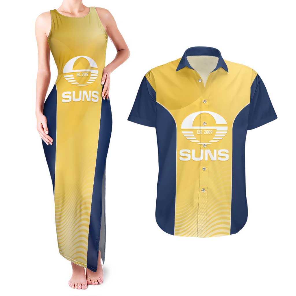 Suns Football Custom Couples Matching Tank Maxi Dress and Hawaiian Shirt Gold Coast Est 2009 Sunburnt Gold - Aussie Hoodie