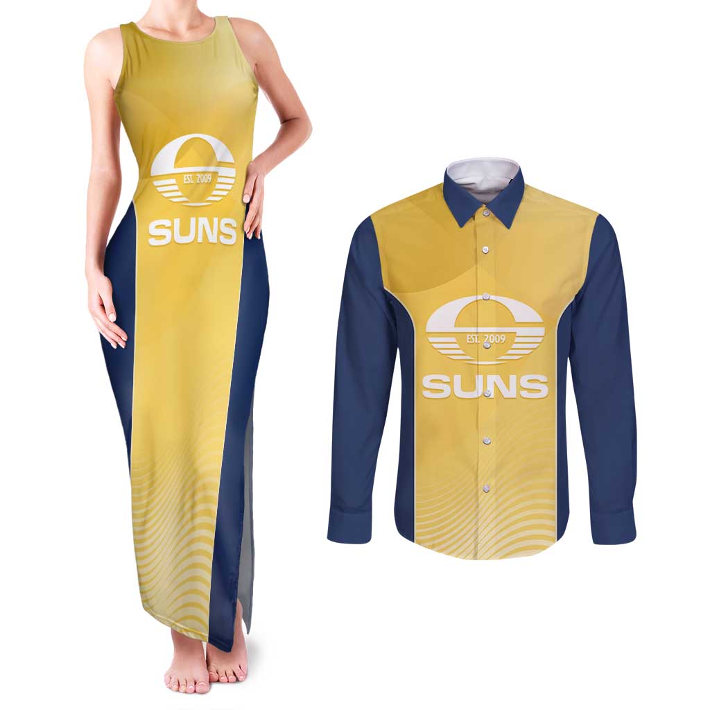 Suns Football Custom Couples Matching Tank Maxi Dress and Long Sleeve Button Shirt Gold Coast Est 2009 Sunburnt Gold - Aussie Hoodie