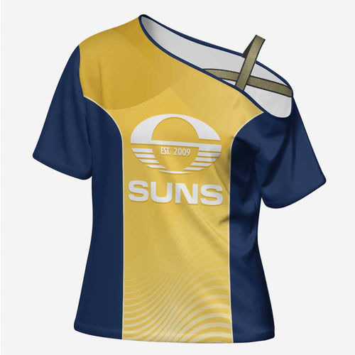 Suns Football Custom Cross Shoulder Shirt Gold Coast Est 2009 Sunburnt Gold - Aussie Hoodie