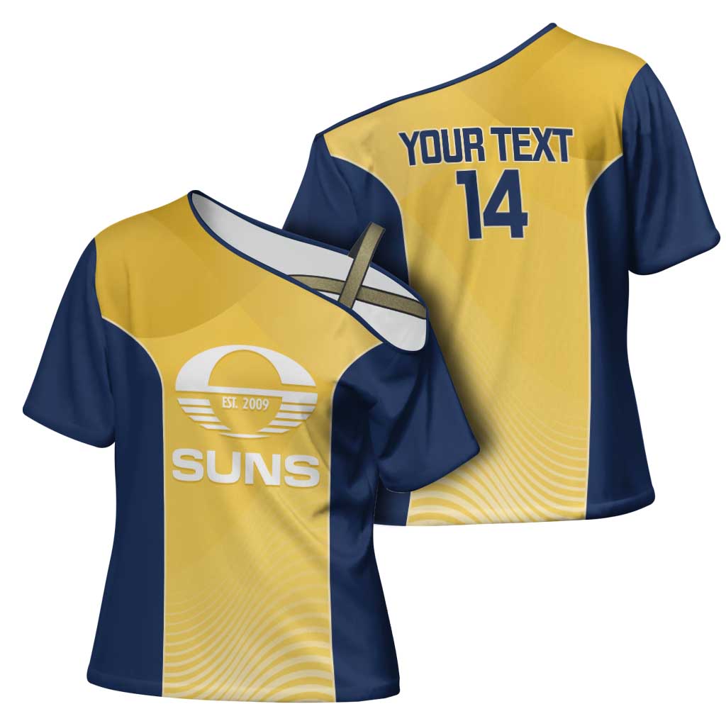 Suns Football Custom Cross Shoulder Shirt Gold Coast Est 2009 Sunburnt Gold - Aussie Hoodie