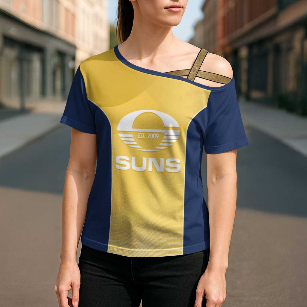 Suns Football Custom Cross Shoulder Shirt Gold Coast Est 2009 Sunburnt Gold - Aussie Hoodie