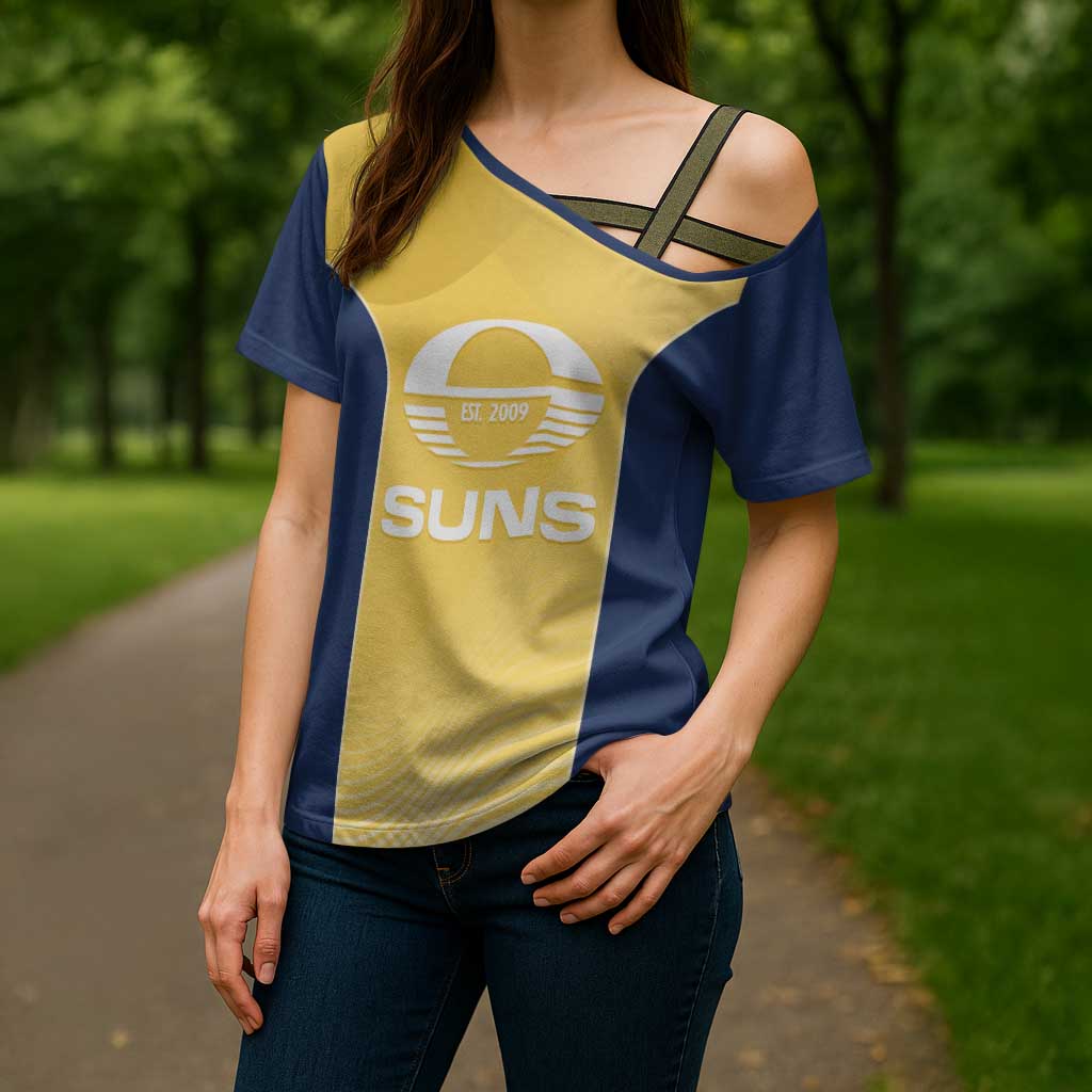 Suns Football Custom Cross Shoulder Shirt Gold Coast Est 2009 Sunburnt Gold - Aussie Hoodie