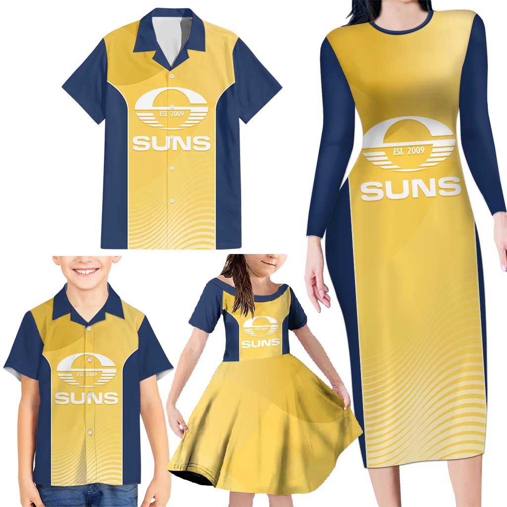 Suns Football Custom Family Matching Long Sleeve Bodycon Dress and Hawaiian Shirt Gold Coast Est 2009 Sunburnt Gold - Aussie Hoodie