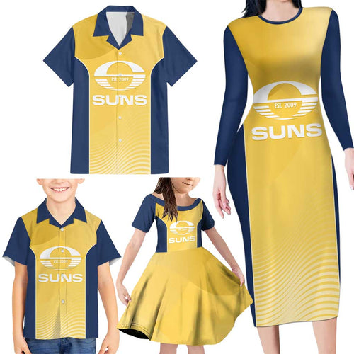 Suns Football Custom Family Matching Long Sleeve Bodycon Dress and Hawaiian Shirt Gold Coast Est 2009 Sunburnt Gold - Aussie Hoodie