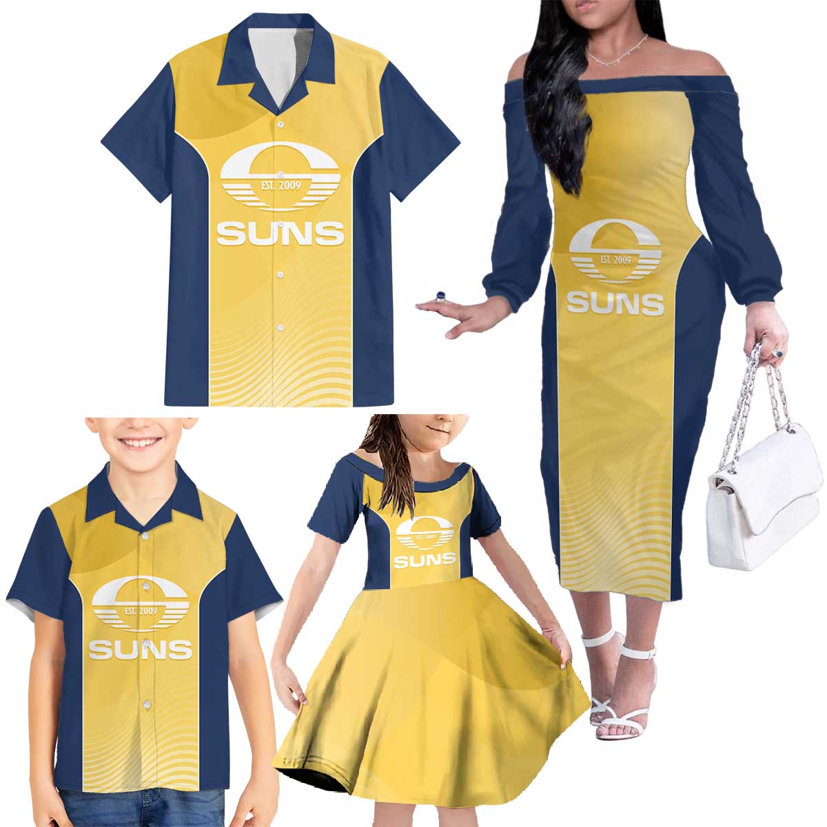 Suns Football Custom Family Matching Off The Shoulder Long Sleeve Dress and Hawaiian Shirt Gold Coast Est 2009 Sunburnt Gold - Aussie Hoodie