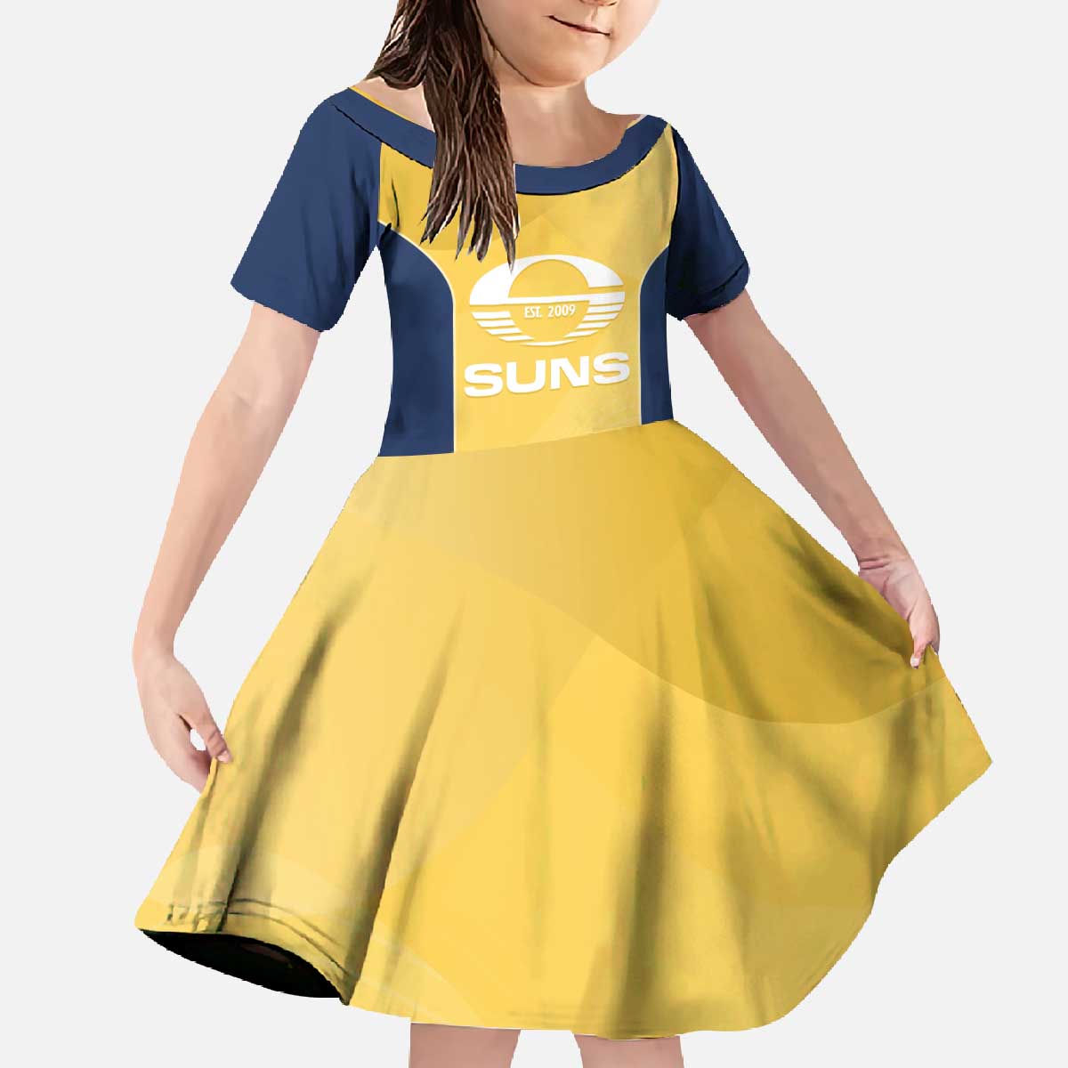 Suns Football Custom Family Matching Off The Shoulder Long Sleeve Dress and Hawaiian Shirt Gold Coast Est 2009 Sunburnt Gold - Aussie Hoodie