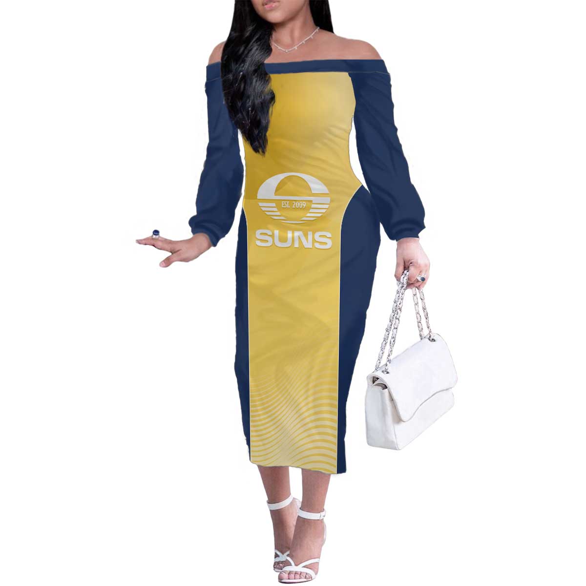 Suns Football Custom Family Matching Off The Shoulder Long Sleeve Dress and Hawaiian Shirt Gold Coast Est 2009 Sunburnt Gold - Aussie Hoodie