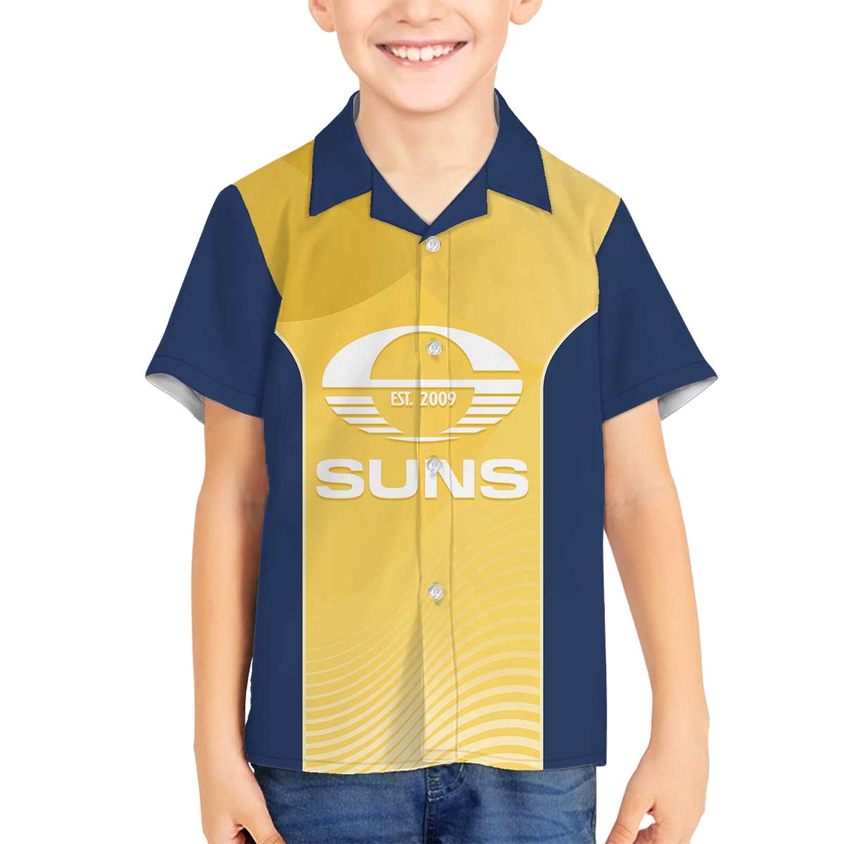 Suns Football Custom Family Matching Off The Shoulder Long Sleeve Dress and Hawaiian Shirt Gold Coast Est 2009 Sunburnt Gold - Aussie Hoodie