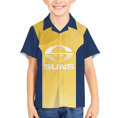 Suns Football Custom Family Matching Off The Shoulder Long Sleeve Dress and Hawaiian Shirt Gold Coast Est 2009 Sunburnt Gold - Aussie Hoodie