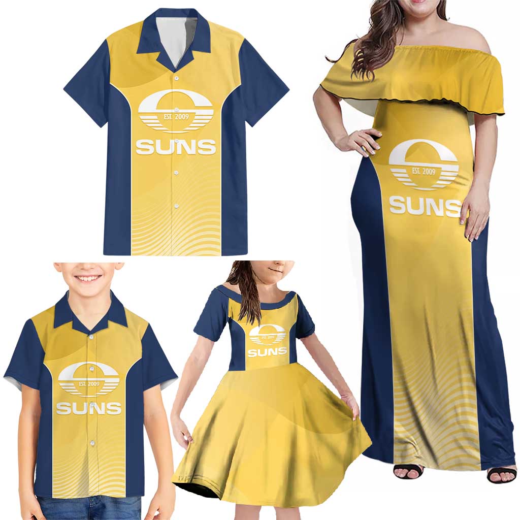 Suns Football Custom Family Matching Off Shoulder Maxi Dress and Hawaiian Shirt Gold Coast Est 2009 Sunburnt Gold - Aussie Hoodie