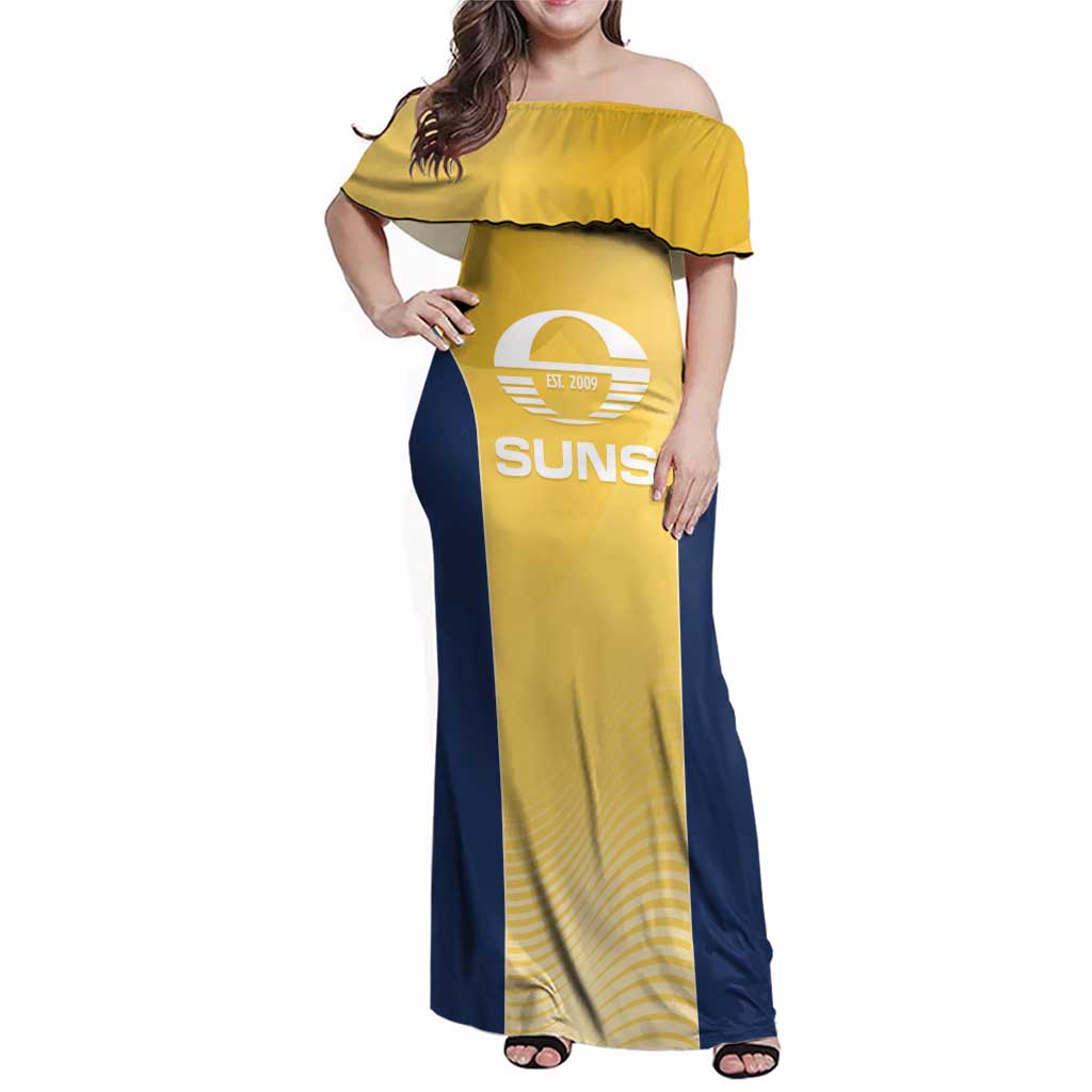 Suns Football Custom Family Matching Off Shoulder Maxi Dress and Hawaiian Shirt Gold Coast Est 2009 Sunburnt Gold - Aussie Hoodie