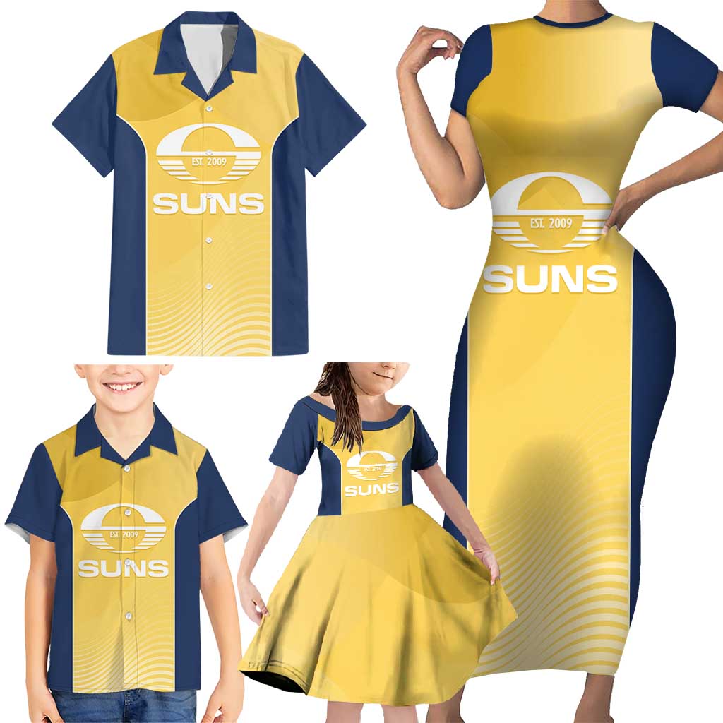 Suns Football Custom Family Matching Short Sleeve Bodycon Dress and Hawaiian Shirt Gold Coast Est 2009 Sunburnt Gold - Aussie Hoodie