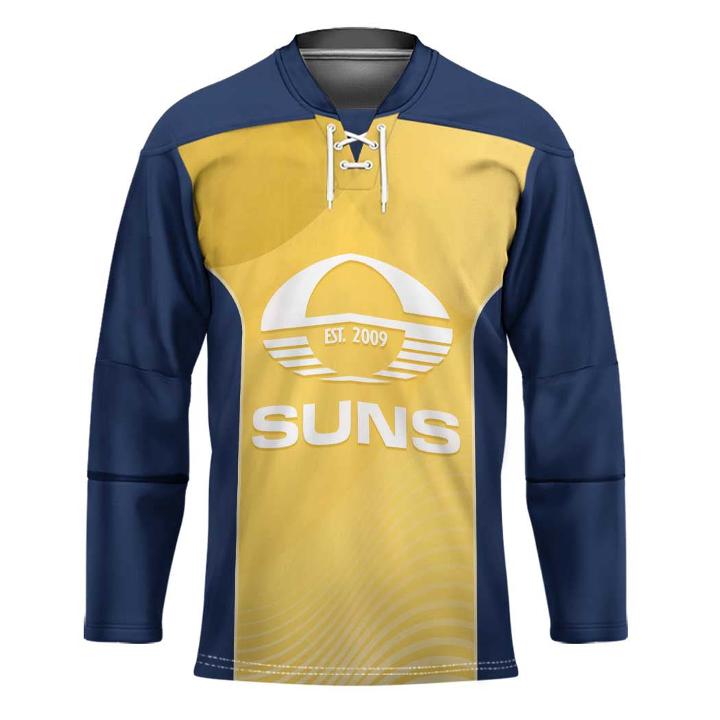 Suns Football Custom Hockey Jersey Gold Coast Est 2009 Sunburnt Gold - Aussie Hoodie