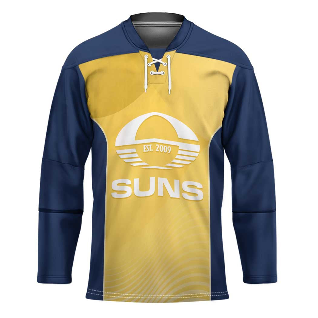 Suns Football Custom Hockey Jersey Gold Coast Est 2009 Sunburnt Gold - Aussie Hoodie