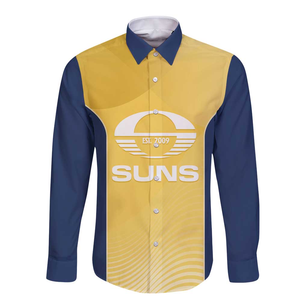 Suns Football Custom Long Sleeve Button Shirt Gold Coast Est 2009 Sunburnt Gold - Aussie Hoodie