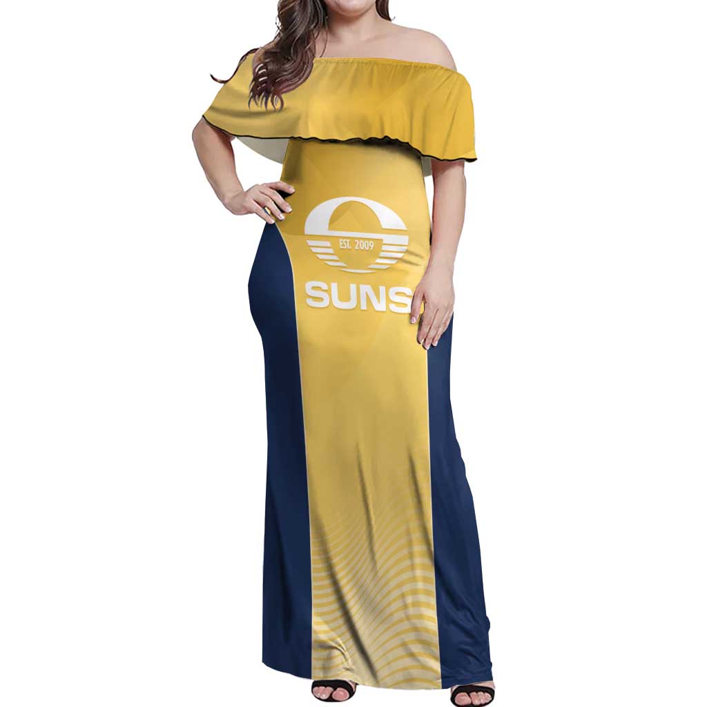 Suns Football Custom Off Shoulder Maxi Dress Gold Coast Est 2009 Sunburnt Gold - Aussie Hoodie