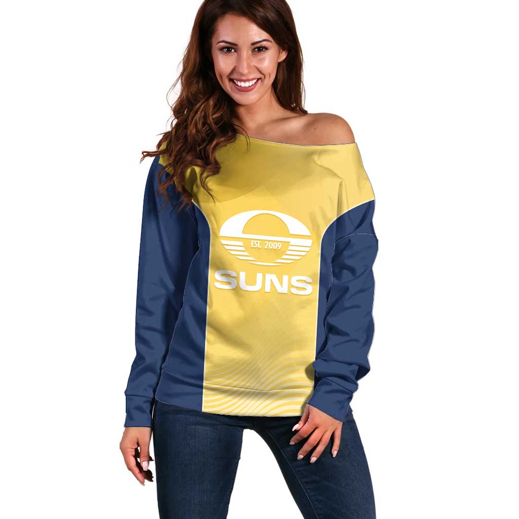 Suns Football Custom Off Shoulder Sweater Gold Coast Est 2009 Sunburnt Gold - Aussie Hoodie