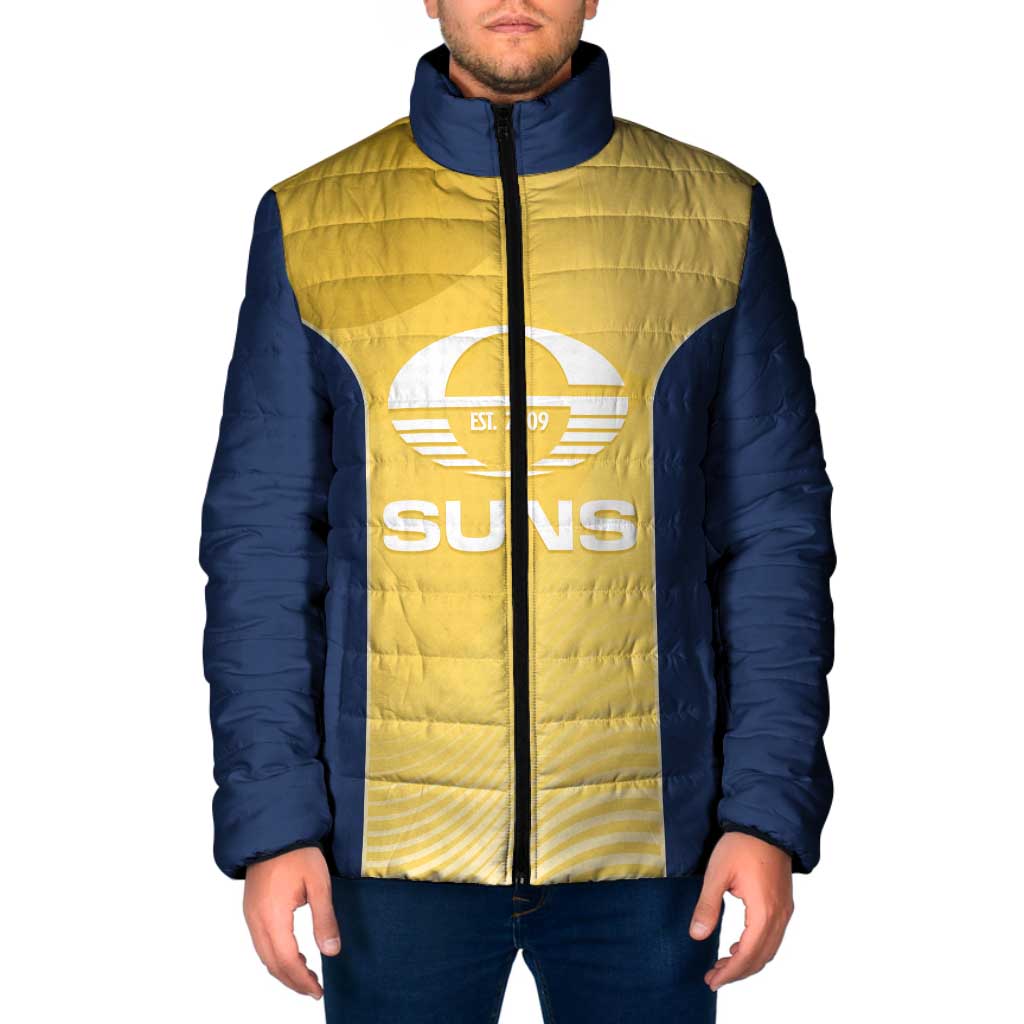 Suns Football Custom Padded Jacket Gold Coast Est 2009 Sunburnt Gold - Aussie Hoodie