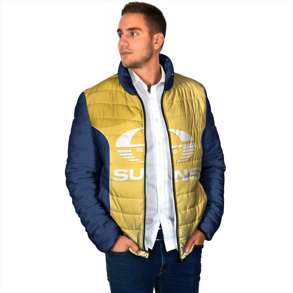 Suns Football Custom Padded Jacket Gold Coast Est 2009 Sunburnt Gold - Aussie Hoodie