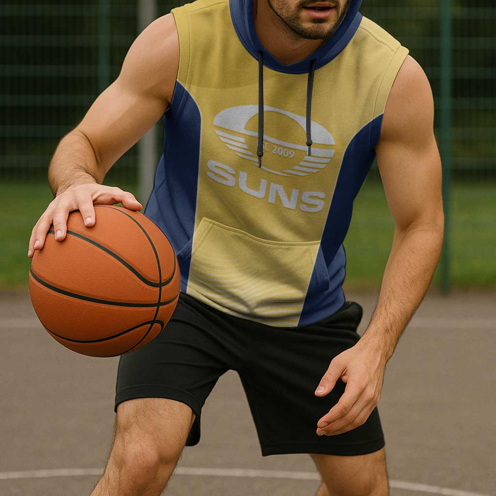 Suns Football Custom Sleeveless Hoodie Gold Coast Est 2009 Sunburnt Gold - Aussie Hoodie