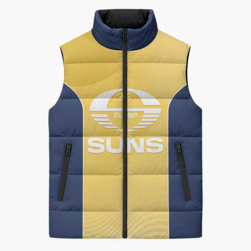 Suns Football Custom Sleeveless Puffer Jacket Gold Coast Est 2009 Sunburnt Gold - Aussie Hoodie