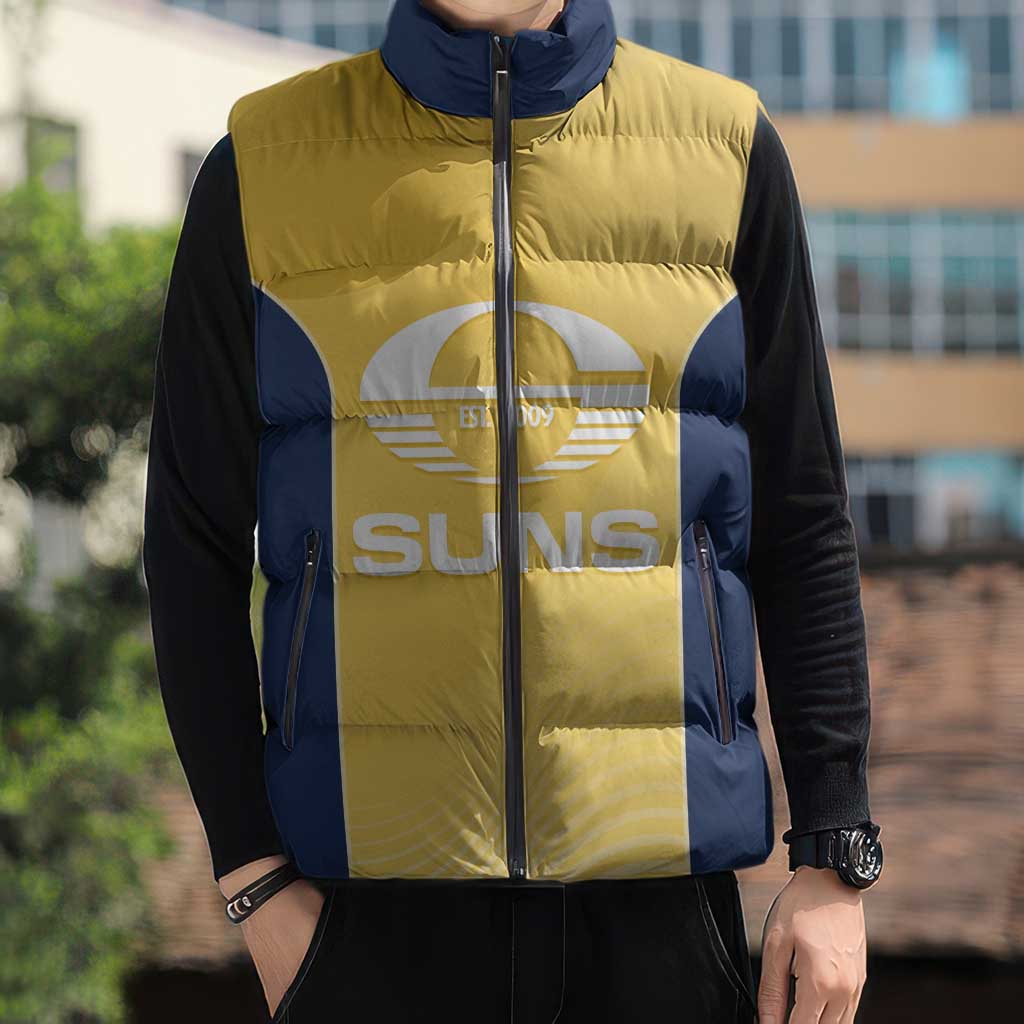 Suns Football Custom Sleeveless Puffer Jacket Gold Coast Est 2009 Sunburnt Gold - Aussie Hoodie