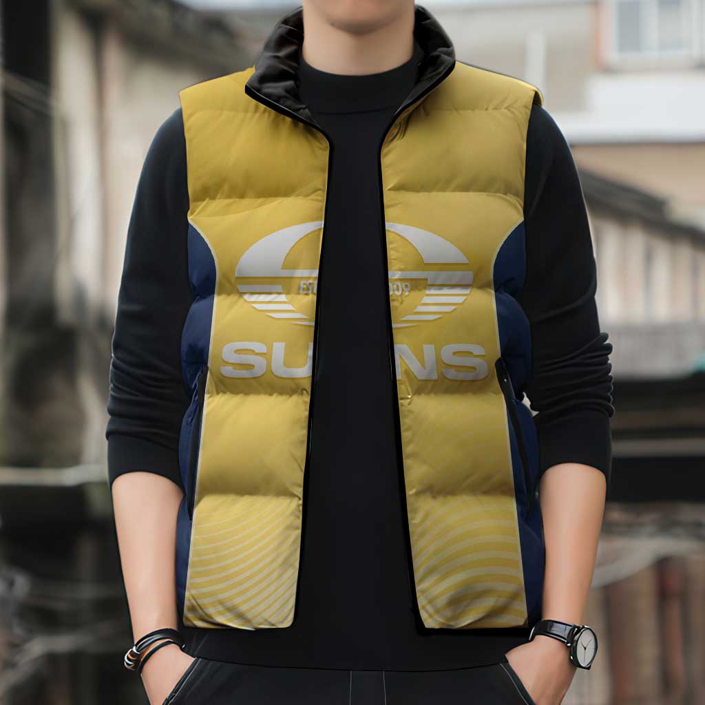 Suns Football Custom Sleeveless Puffer Jacket Gold Coast Est 2009 Sunburnt Gold - Aussie Hoodie