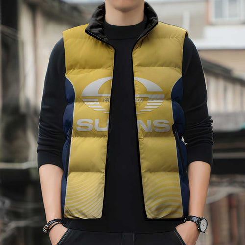 Suns Football Custom Sleeveless Puffer Jacket Gold Coast Est 2009 Sunburnt Gold - Aussie Hoodie