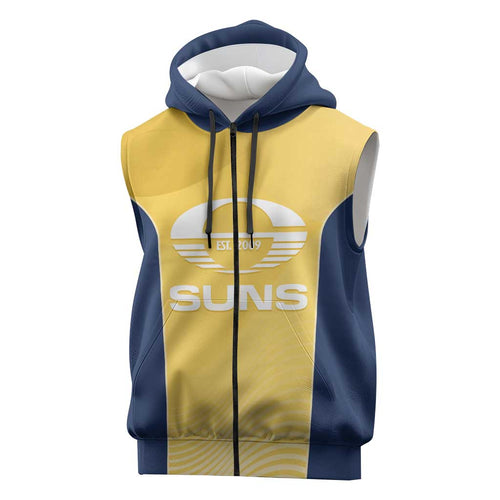 Suns Football Custom Sleeveless Zip Hoodie Gold Coast Est 2009 Sunburnt Gold LT14