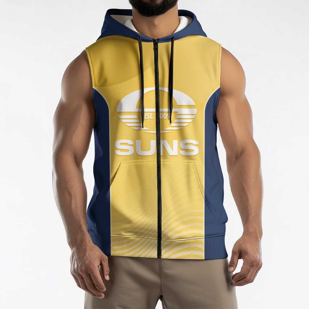 Suns Football Custom Sleeveless Zip Hoodie Gold Coast Est 2009 Sunburnt Gold LT14