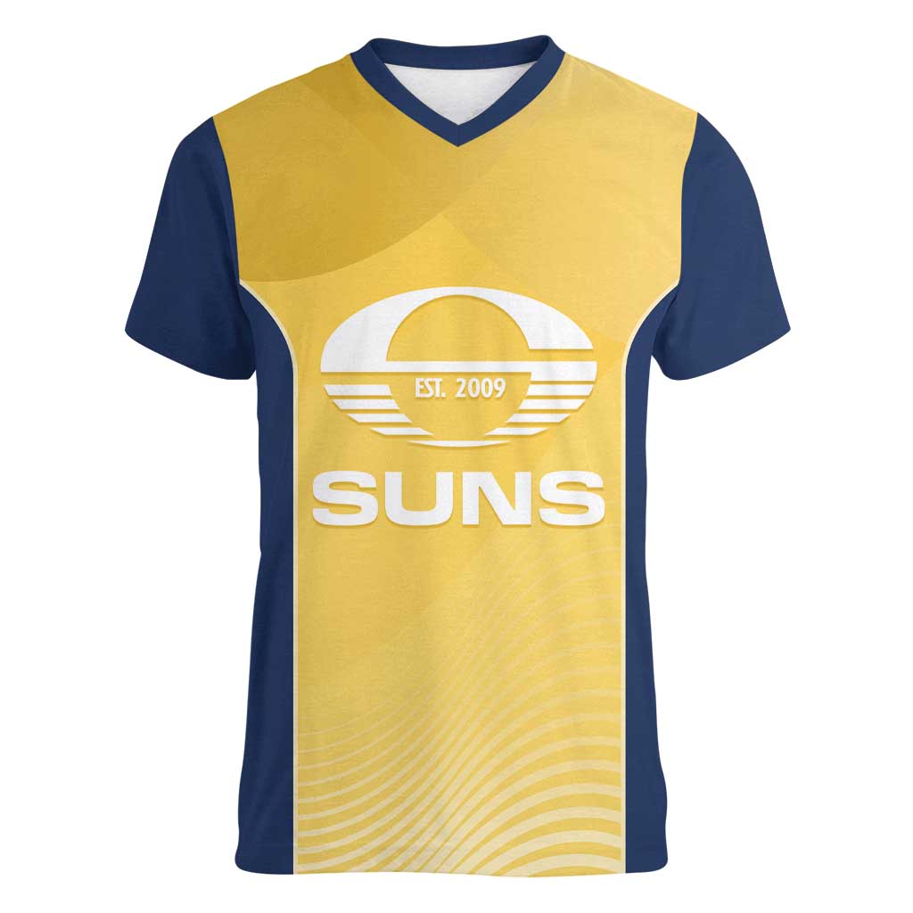 Suns Football Custom Women V-Neck T-Shirt Gold Coast Est 2009 Sunburnt Gold - Aussie Hoodie