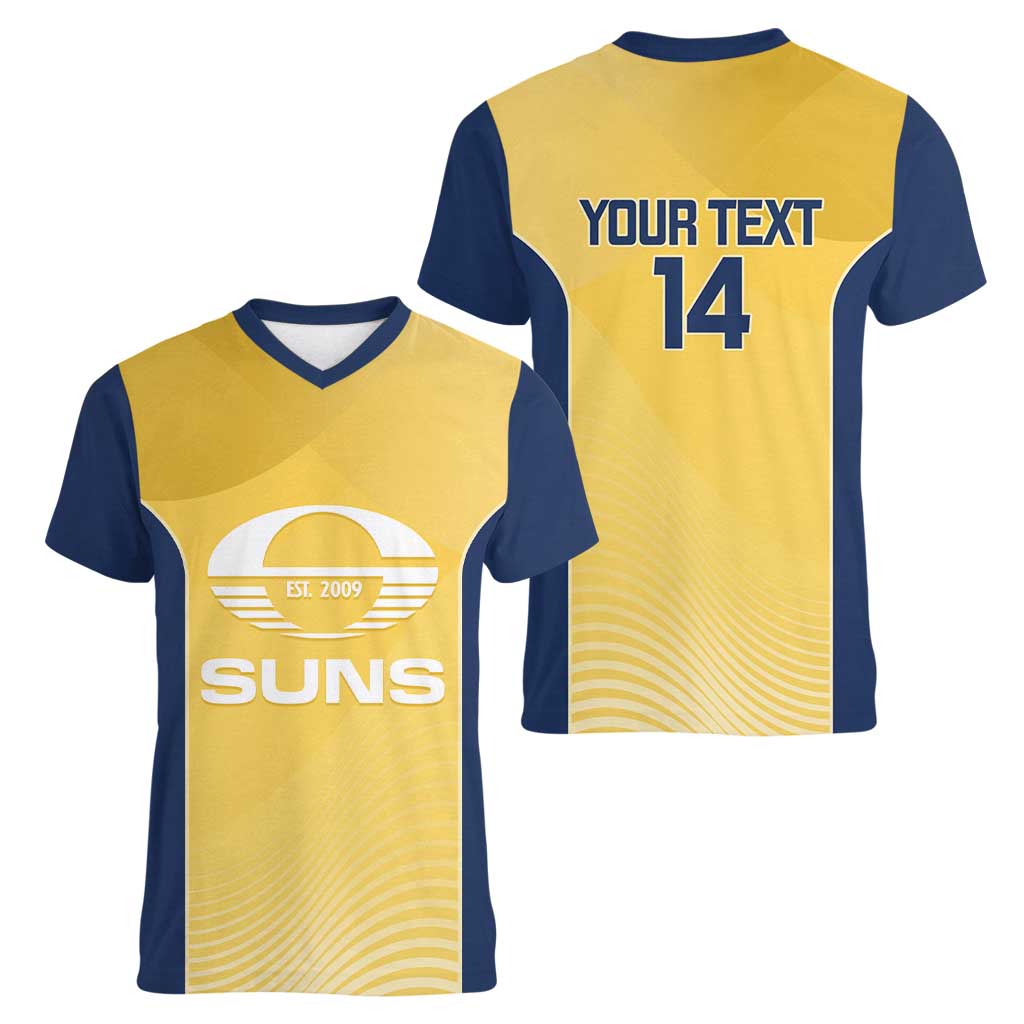 Suns Football Custom Women V-Neck T-Shirt Gold Coast Est 2009 Sunburnt Gold - Aussie Hoodie