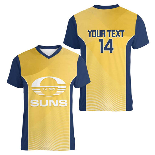 Suns Football Custom Women V-Neck T-Shirt Gold Coast Est 2009 Sunburnt Gold - Aussie Hoodie