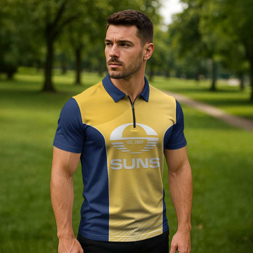 Suns Football Custom Zipper Polo Shirt Gold Coast Est 2009 Sunburnt Gold - Aussie Hoodie