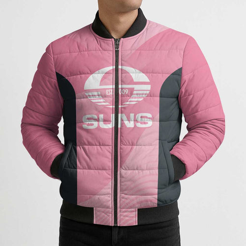 Suns Football Custom Bomber Puffer Jacket Gold Coast Est 2009 Pink - Aussie Hoodie