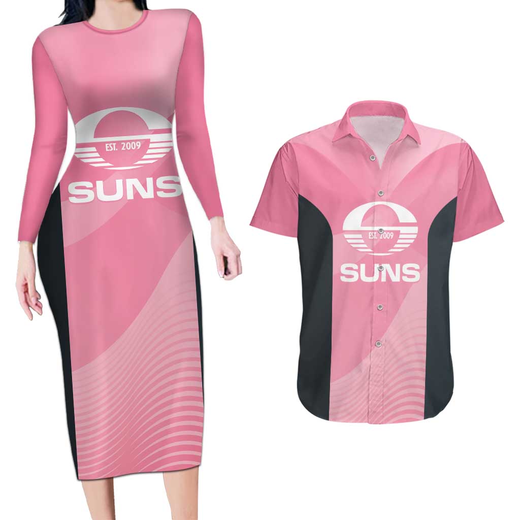 Suns Football Custom Couples Matching Long Sleeve Bodycon Dress and Hawaiian Shirt Gold Coast Est 2009 Pink - Aussie Hoodie