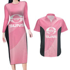 Suns Football Custom Couples Matching Long Sleeve Bodycon Dress and Hawaiian Shirt Gold Coast Est 2009 Pink - Aussie Hoodie