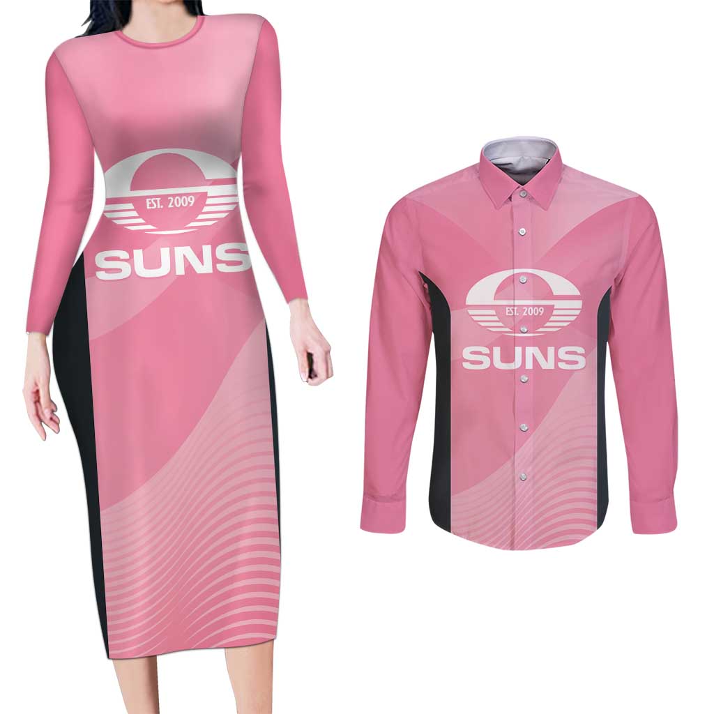 Suns Football Custom Couples Matching Long Sleeve Bodycon Dress and Long Sleeve Button Shirt Gold Coast Est 2009 Pink - Aussie Hoodie