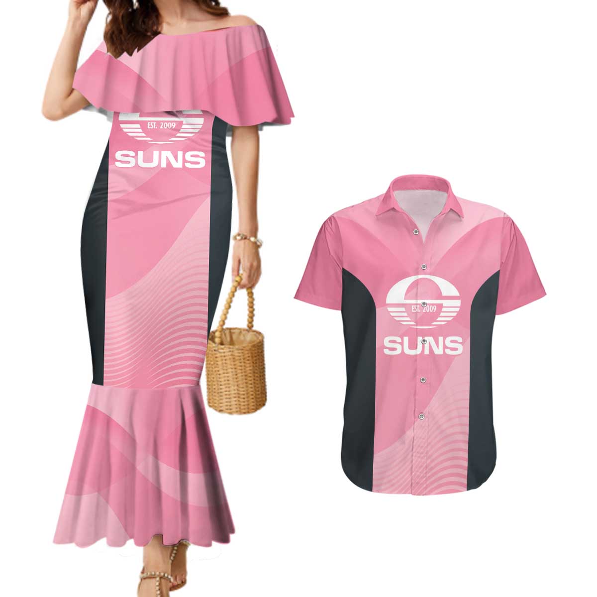 Suns Football Custom Couples Matching Mermaid Dress and Hawaiian Shirt Gold Coast Est 2009 Pink - Aussie Hoodie