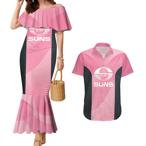 Suns Football Custom Couples Matching Mermaid Dress and Hawaiian Shirt Gold Coast Est 2009 Pink - Aussie Hoodie