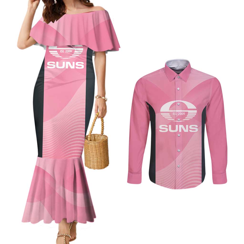 Suns Football Custom Couples Matching Mermaid Dress and Long Sleeve Button Shirt Gold Coast Est 2009 Pink - Aussie Hoodie