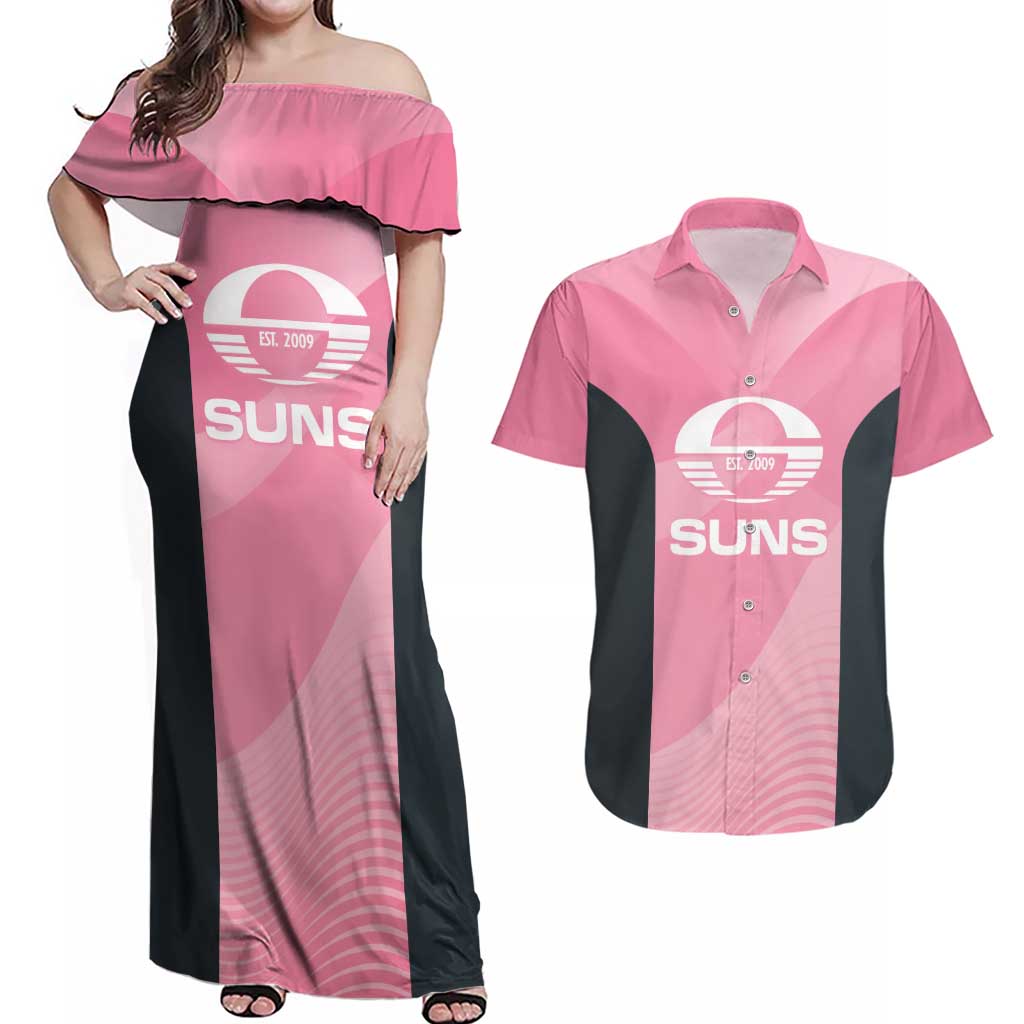 Suns Football Custom Couples Matching Off Shoulder Maxi Dress and Hawaiian Shirt Gold Coast Est 2009 Pink - Aussie Hoodie