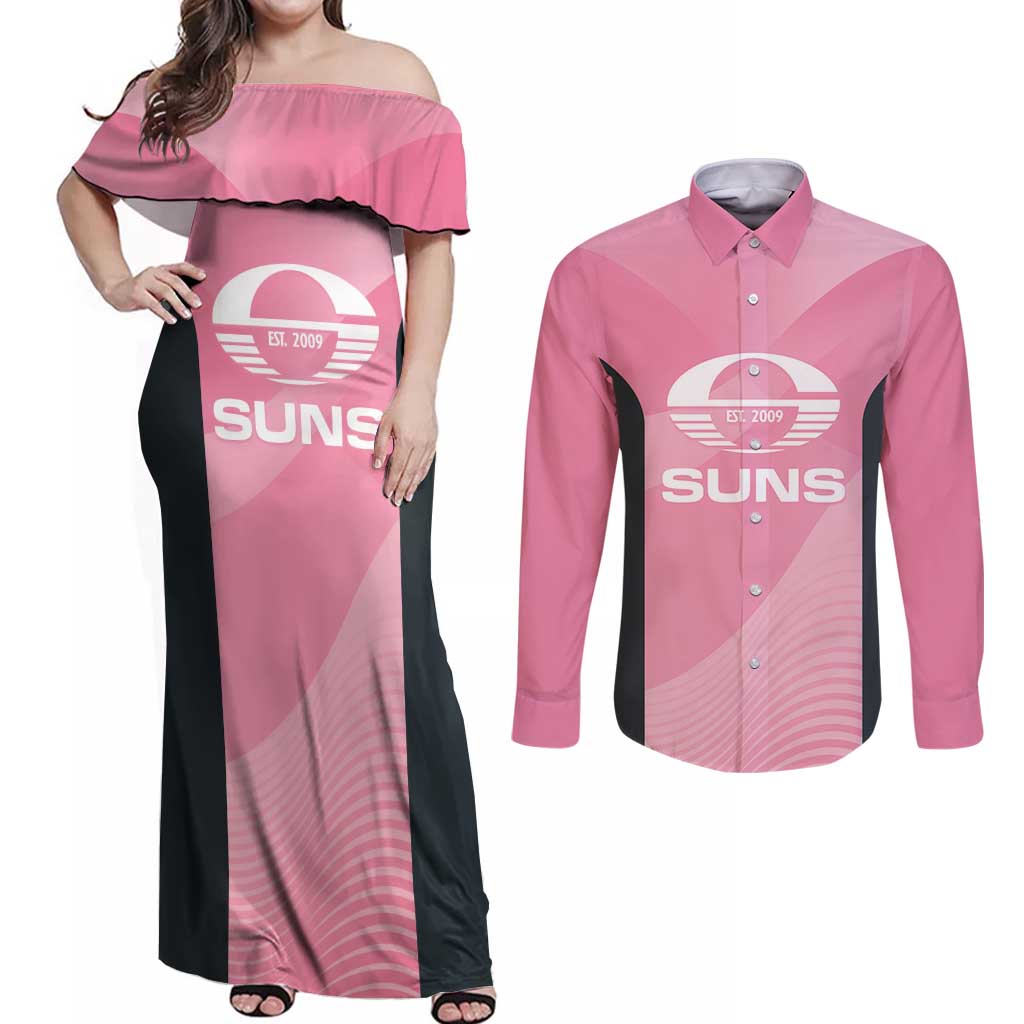 Suns Football Custom Couples Matching Off Shoulder Maxi Dress and Long Sleeve Button Shirt Gold Coast Est 2009 Pink - Aussie Hoodie