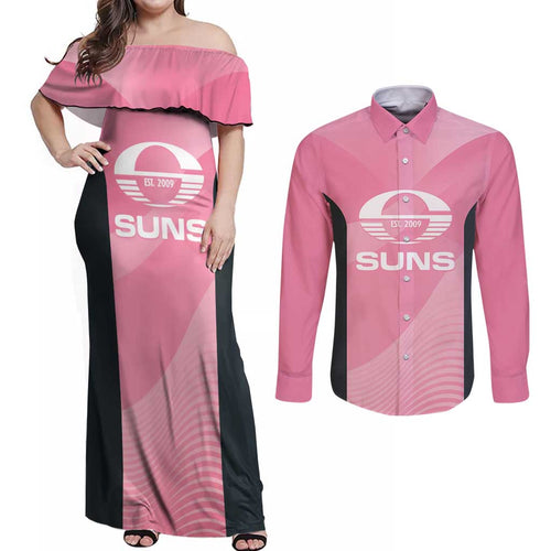 Suns Football Custom Couples Matching Off Shoulder Maxi Dress and Long Sleeve Button Shirt Gold Coast Est 2009 Pink - Aussie Hoodie