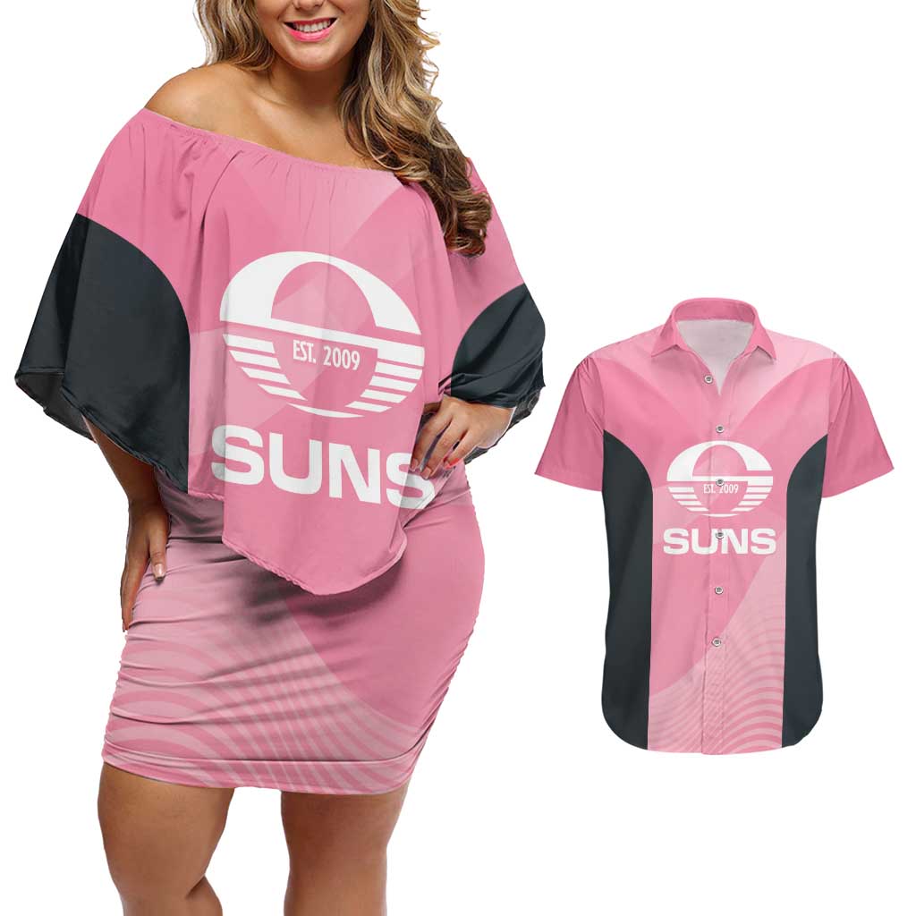 Suns Football Custom Couples Matching Off Shoulder Short Dress and Hawaiian Shirt Gold Coast Est 2009 Pink - Aussie Hoodie