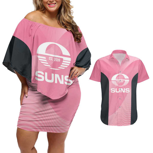 Suns Football Custom Couples Matching Off Shoulder Short Dress and Hawaiian Shirt Gold Coast Est 2009 Pink - Aussie Hoodie