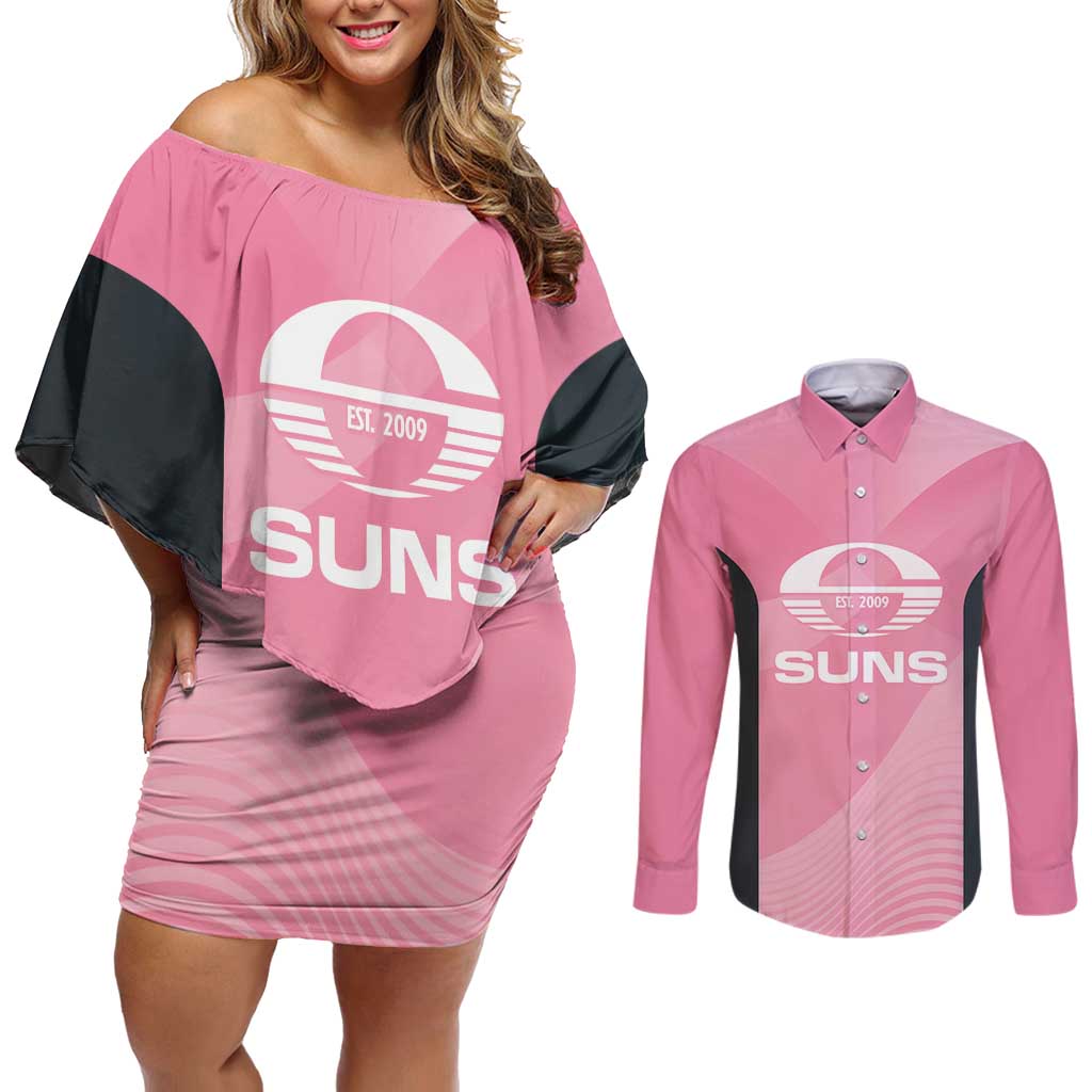 Suns Football Custom Couples Matching Off Shoulder Short Dress and Long Sleeve Button Shirt Gold Coast Est 2009 Pink - Aussie Hoodie