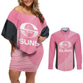 Suns Football Custom Couples Matching Off Shoulder Short Dress and Long Sleeve Button Shirt Gold Coast Est 2009 Pink - Aussie Hoodie